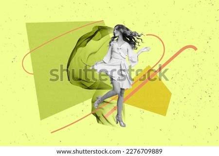 Photo collage artwork minimal picture of dreamy charming lady dancing having fun isolated drawing background