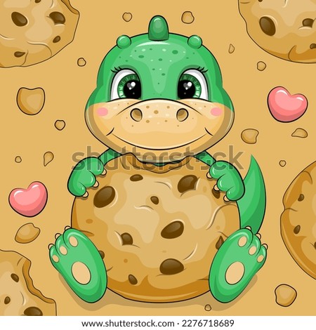 Cute cartoon green dinosaur eating a chocolate chip cookie. Vector illustration with an animal.