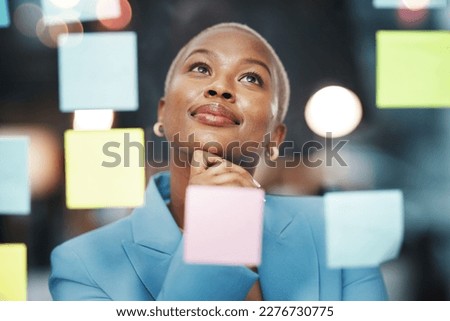 Vision, thinking and black woman with schedule, planning and agenda, sticky notes and bokeh background. Idea, face and female leader with goal, visual and problem solving, calendar and management