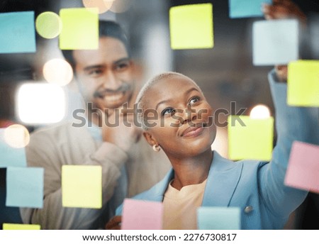 Writing, planning and business people with schedule, teamwork or agenda, sticky note or innovation. Idea, partnership and black woman leader with goal, visual or problem solving, calendar or solution