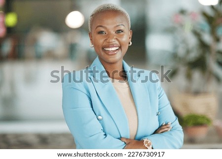 Office portrait, leader and happy black woman, business manager or employee smile for startup company success. Management, corporate person and African female, bank admin or professional consultant Royalty-Free Stock Photo #2276730917