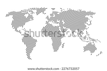 World map modern stylized design. Abstract world map, lines, global radial halftone concept. Global communication, broadcasting or epicenter theme. Pattern of black concentric circle stripes. Vector Royalty-Free Stock Photo #2276732057