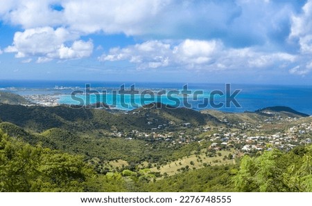 Caribbean cruise vacation, panoramic skyline of Saint Martin island from Pic Paradis lookout. Royalty-Free Stock Photo #2276748555