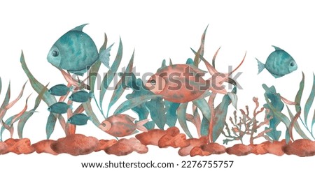 Seaweed and fish illustration in orange and turquoise colors. Aquarium composition. Watercolor composition, underwater world clipart