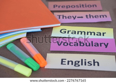 Word cards with text for teaching. English grammar vocabulary. Concept, education, learning and studying language. English teaching materials. Old teaching style but still work.Educational items. Royalty-Free Stock Photo #2276767165