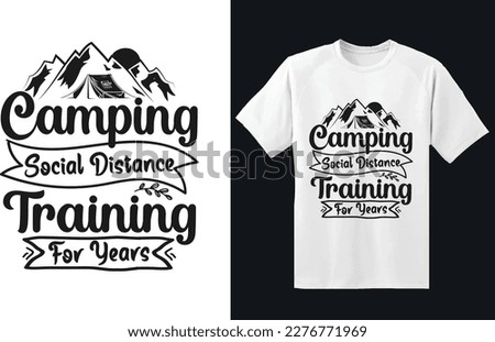 Camping SVG t-shirt Design. Vector. Concept for shirt or logo, print, stamp or tee. Vintage design with lantern, camping tent, campfire, bear, man with guitar and forest silhouette.