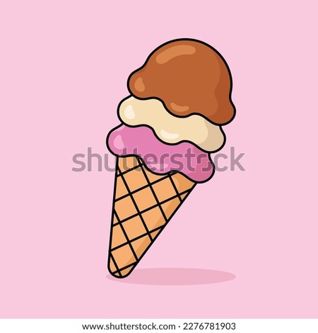 Cute ice cream scoop cartoon icon vector. Strawberry, vanilla, and chocolate scoops in waffle cone. Desserts and Sweet Foods Flat Design icon concept. Vector flat outline icon