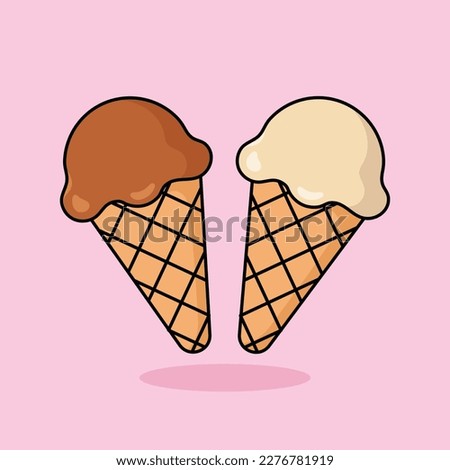Cute ice cream scoop cartoon icon vector. Vanilla and chocolate scoops in waffle cone. Desserts and Sweet Foods Flat Design icon concept. Vector flat outline icon