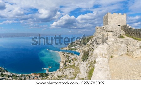 Landscape with Omis town and  Cetina river, aerial view from fortress, Croatia Royalty-Free Stock Photo #2276785329
