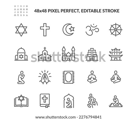 Simple Set of Religion Symbols Related Vector Line Icons. 
Contains such Icons as Prayer Room, Temples, Divine Book and more. Editable Stroke. 48x48 Pixel Perfect. Royalty-Free Stock Photo #2276794841