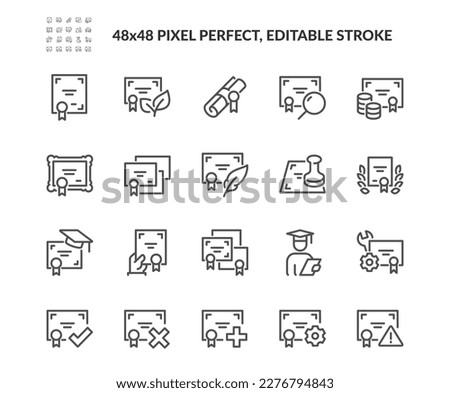 Simple Set of Diploma and Certificate Related Vector Line Icons. Contains such Icons as Licence, Document pack, Search, Costs and more. Editable Stroke. 48x48 Pixel Perfect. Royalty-Free Stock Photo #2276794843