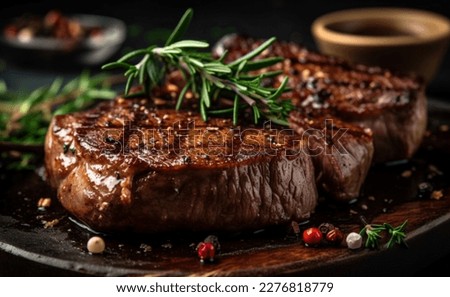A steak on a cutting board with herbs and spices Royalty-Free Stock Photo #2276818779