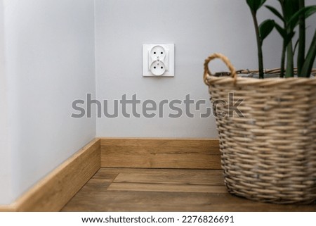 White nests against a gray wall, and next to it a wicker pot with a green flower on a wooden floor.
Green concept, green energy as the future.   Royalty-Free Stock Photo #2276826691