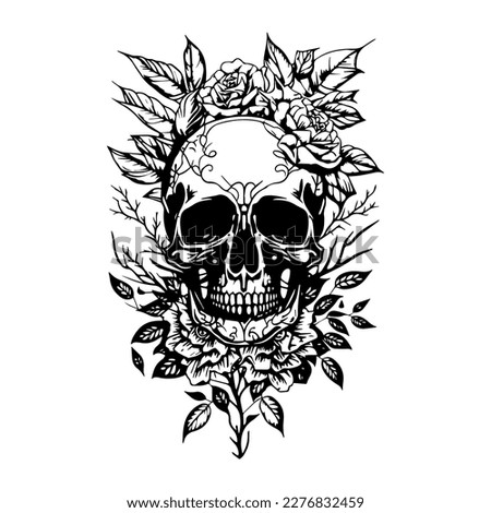 A skull head adorned with intricate flowers and leaves, depicted in a detailed black and white line art hand drawn illustration Royalty-Free Stock Photo #2276832459