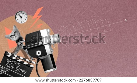 What's your story,Hand writing on film slate and antique movie camera and diagrams showing the focal lengths of different types of lenses. Story telling concept in film industry.Abstract art collage. Royalty-Free Stock Photo #2276839709