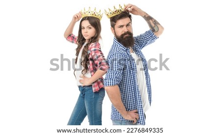 Royal family. Man golden crown and kid. King and princess. Happy family white background. Man proud of daughter. Play game with daughter. Title and achievement. Fatherhood concept. Fun with daughter