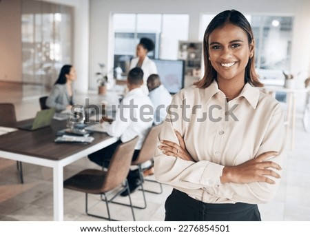 Meeting, Indian woman portrait and proud manager in a conference room with collaboration. Success, employee management and worker feeling happy about workplace teamwork strategy and company growth