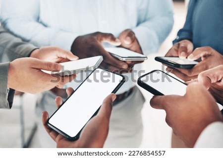Mobile screen mockup, circle or hands of business people on social media searching online news. Cellphone app post, digital internet website or group chat community typing, networking on technology Royalty-Free Stock Photo #2276854557