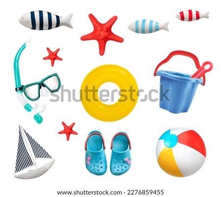 Set of summer items isolated.  Child's beach staff. Sea vocation objects collection.Pool staff. Royalty-Free Stock Photo #2276859455