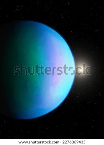 Distant planet and star in the background. Exoplanet where life is possible. Realistic Super-Earth.