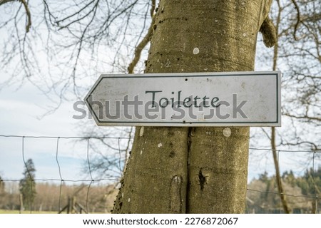 German white toilet Toilette direction sign at a tree trunk