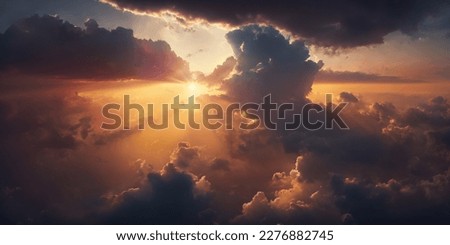 An aerial shot above beautiful sunset clouds with sun shining on horizon, detailed picturesque view, amazing photo of cloudscape with beautiful light rays. Royalty-Free Stock Photo #2276882745