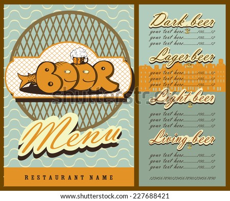 Beer menu design. The menu contains images of fish , town silhouette, price and place for text. Vintage style.