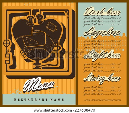 Beer design.The menu contains images of steam punk heart, town silhouette, price and place for text. Vintage style.