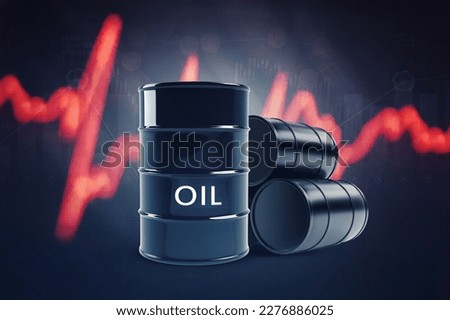 Oil Barrels with red falling oil price chart, Oil Prices Moving Down. Royalty-Free Stock Photo #2276886025
