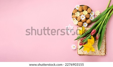 Jewish holiday Passover greeting card concept with matzah, Star of David, spring yellow daffodil, tulips, daisy flowers, walnuts on pink table. Seder Pesach spring holiday background, copy space.