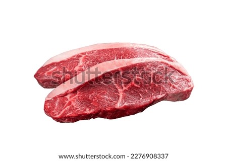 Top sirloin beef steak or brazilian Picanha, raw meat on butcher cleaver. Isolated on white background. Royalty-Free Stock Photo #2276908337