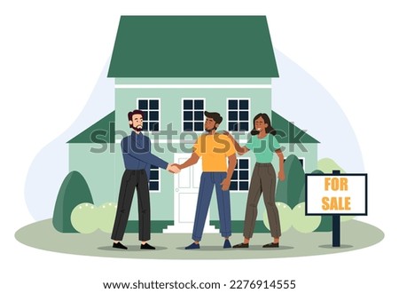 People buying house. Men shake hands, retort with clients makes deal to sell real estate. Rent and mortage, private property. Financial literacy and investing. Cartoon flat vector illustration