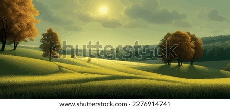 Vector illustration of beautiful summer fields Landscape with sunrise and single trees, green hill, bright blue sky, background in flat cartoon style banner. Royalty-Free Stock Photo #2276914741