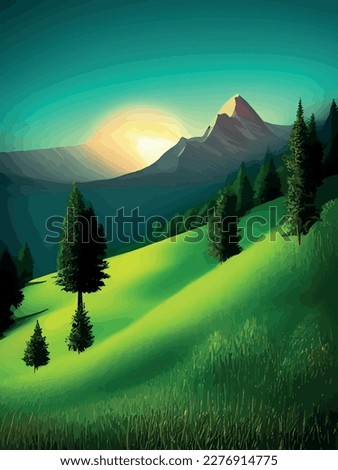 Natural forest natural pine forest mountains horizon. landscape wallpaper. Sunrise and sunset. Illustration vector style colorful view view. vertical posters