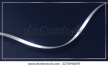 Abstract 3D luxury silver waveform ribbon on blue with frame background. Vector graphic illustration.
