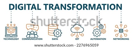 Digital transformation banner web icon vector illustration concept with icon of technology, communication, data, iot, ict, automation, internet, and networking