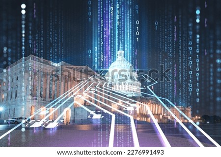 Front view, Capitol dome building at night, Washington DC, USA. Illuminated Home of Congress and Capitol Hill. Artificial Intelligence concept, hologram. AI, machine learning, neural network, robotics Royalty-Free Stock Photo #2276991493