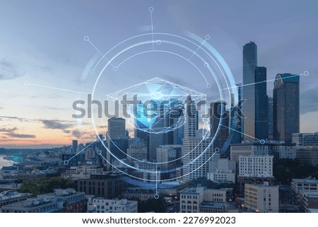 Seattle aerial skyline panorama of downtown skyscrapers at sunset, Washington USA. Technologies and education concept. Academic research, top ranking university, hologram