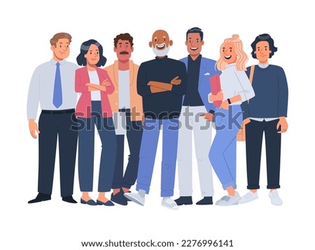 Multinational business team. Employees of the company, men and women in office attire stand in full growth together on a white background. Vector illustration in flat style
