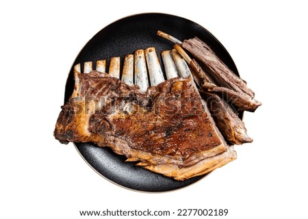 Roasted Rack of lamb ribs, mutton spareribs, sliced meat on plate. Isolated on white background Royalty-Free Stock Photo #2277002189