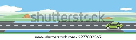 Happy car driving on asphalt road. Driving on country road with bike lens beside road. Background of mendow hills and fresh water reservoirs under blue sky. Copy Space Flat Vector for banner.