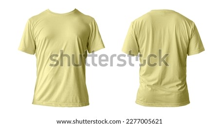 Blank yellow clean t-shirt mockup, isolated, front view. Empty tshirt model mock up. Clear fabric cloth for football or style outfit template. clipping path