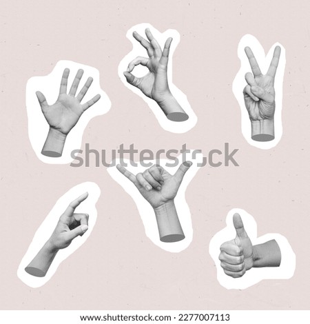 Set of 3d hands showing gestures such as ok, peace, thumb up, point to object, shaka, palm with white contour on beige background. Contemporary art in magazine style. Modern design. 3d trendy collage