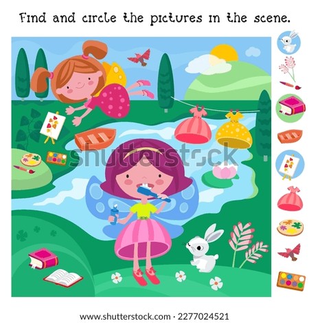 Find and circle objects. Educational puzzle game for children. Cute little fairy brushes teeth. Cartoon characters with flowers near lake. Magic fairyland. Vector illustration. Royalty-Free Stock Photo #2277024521