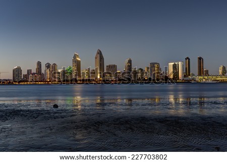 Skyline of San Diego California USA taken at dusk from Centennial Park on  Coronado Island.