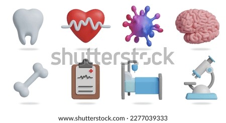 Medical 3D vector icon set.
tooths,heart pulse,virus,brain,bone,clipboard,patient bed,microscope