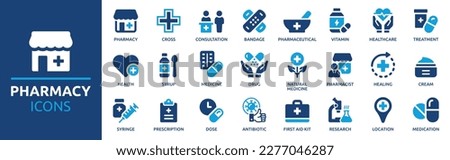 Pharmacy icon set. Medicine, bandage, medication, prescription, treatment, health and syringe symbol. Solid icons vector collection. Royalty-Free Stock Photo #2277046287