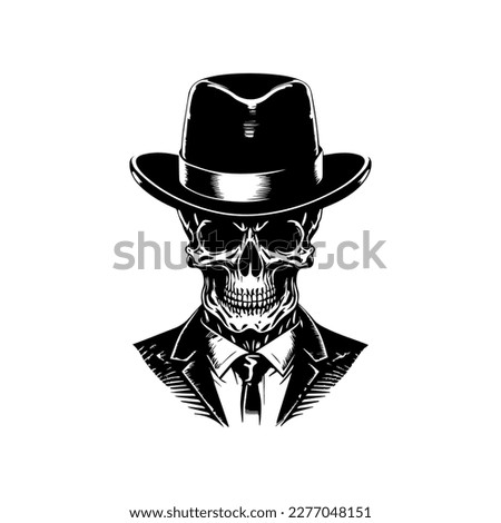 skull wearing suit and hat hand drawn illustration