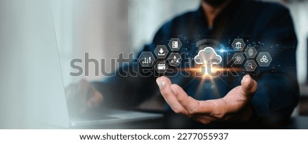 Database storage cloud technology file data transfer sharing, cyber, big data information for financial online marketing, internet banking application or computer download upload backup cloud drive. Royalty-Free Stock Photo #2277055937