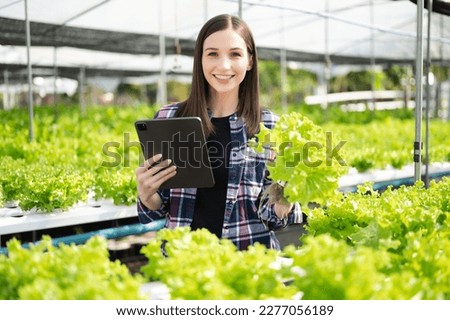 woman farmer looking organic vegetables and holding tablet for checking orders or quality farm